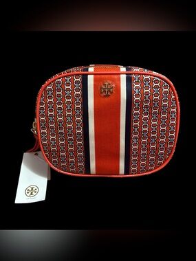 NWT Tory Burch Orange Navy Chain-Print Cosmetic Bag